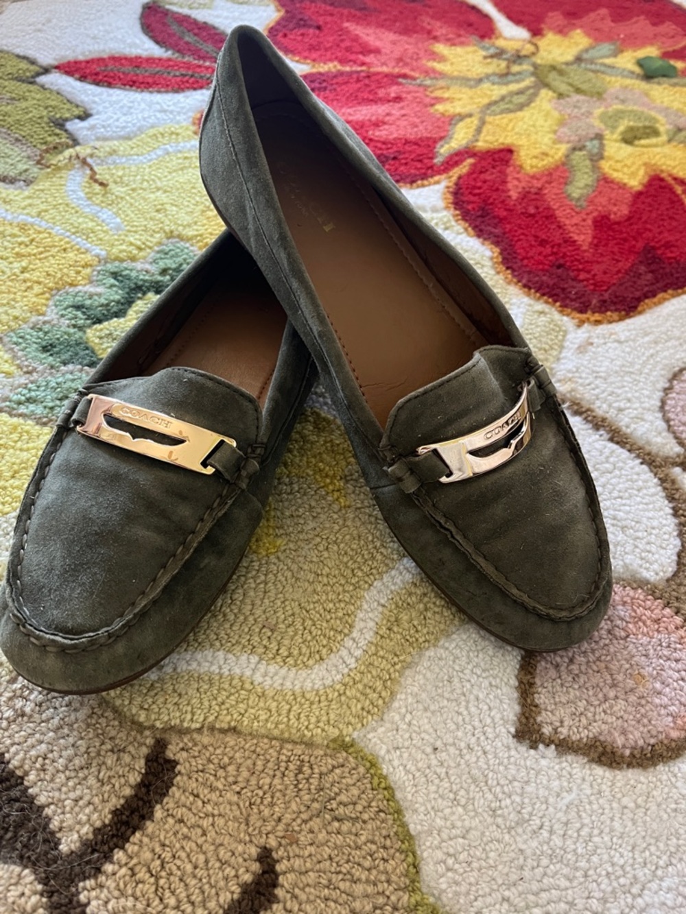 Coach Olive Green Suede Loafers with Gold Horsebit